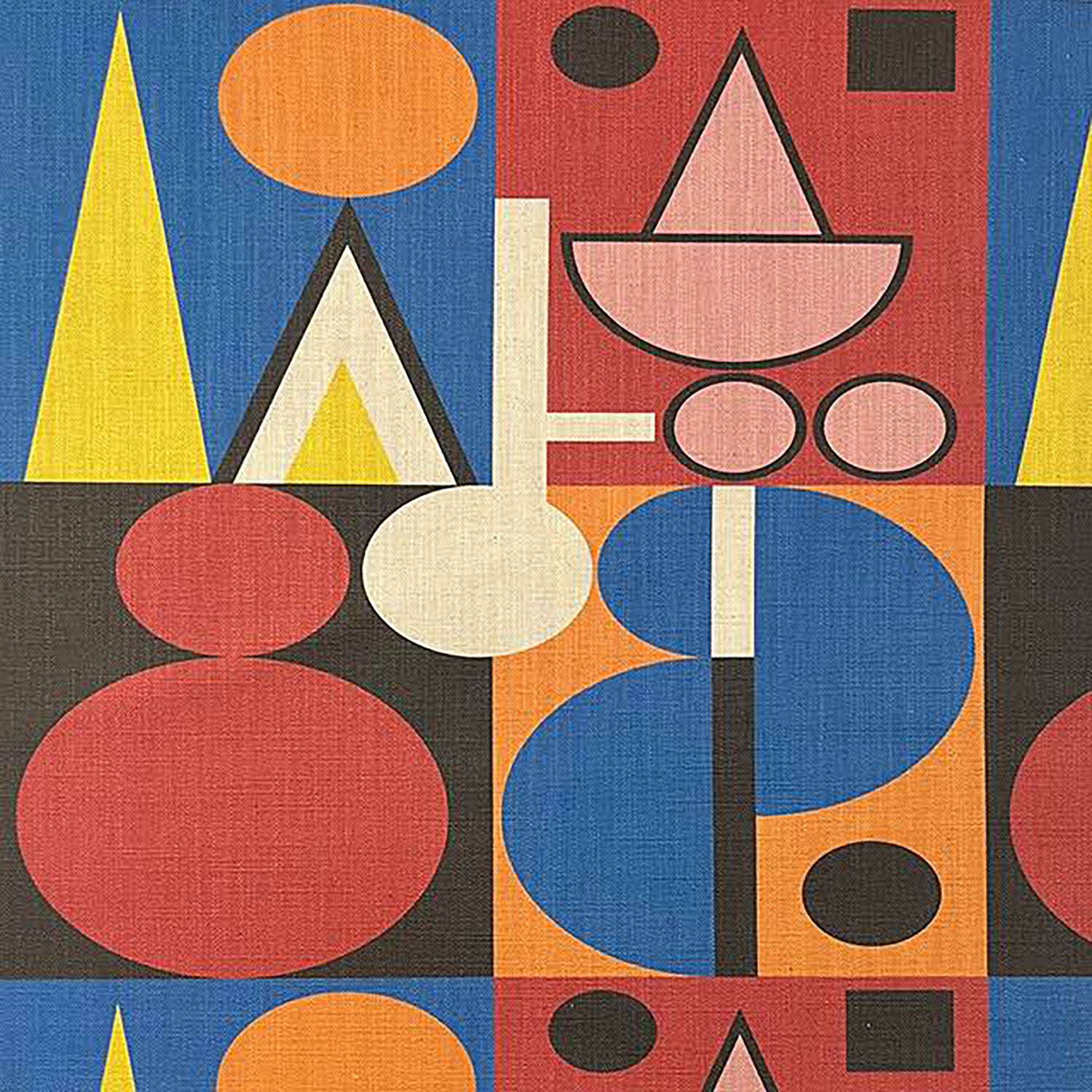 Avignon No.9 cubist-style upholstery fabric in red, blue, yellow and black – geometric retro textile for modern interiors