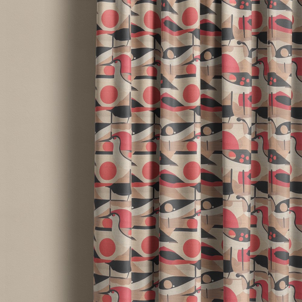 Bird curtain fabric used for curtains featuring bold stylised bird pattern with coral circles on natural linen fabric
