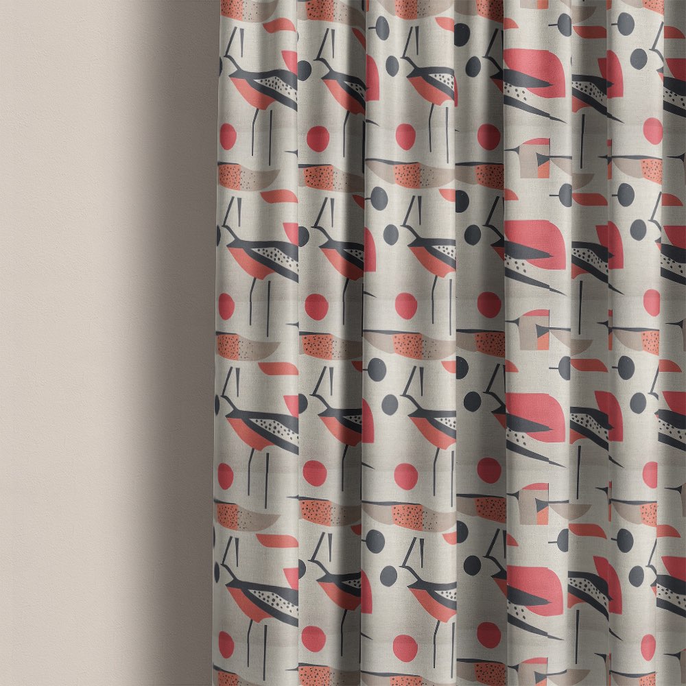 Bird curtain fabric used for patterned curtains featuring stylised birds with coral circles on natural linen fabric
