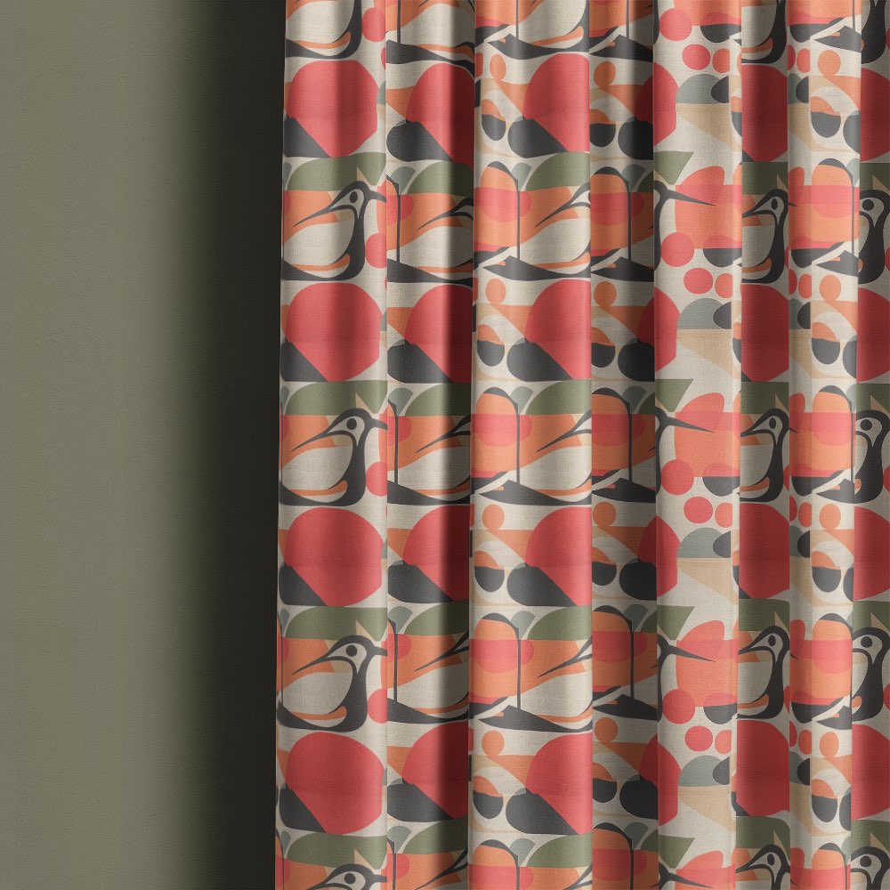 Bird curtain fabric used for patterned curtains featuring stylised birds with coral and orange geometric shapes on linen fabric