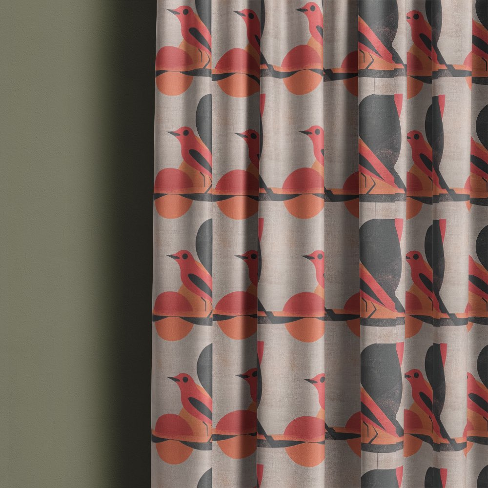 Bird curtain fabric used for patterned curtains featuring coral bird motifs and abstract circular shapes