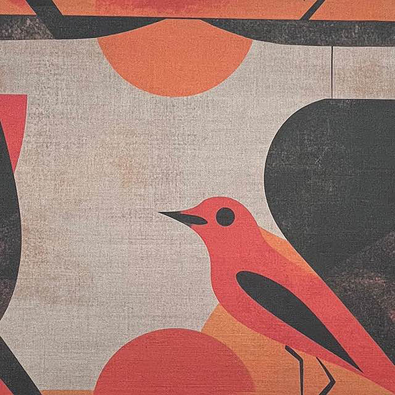 Bird curtain fabric with coral birds perched on graphic branches printed on textured linen style fabric