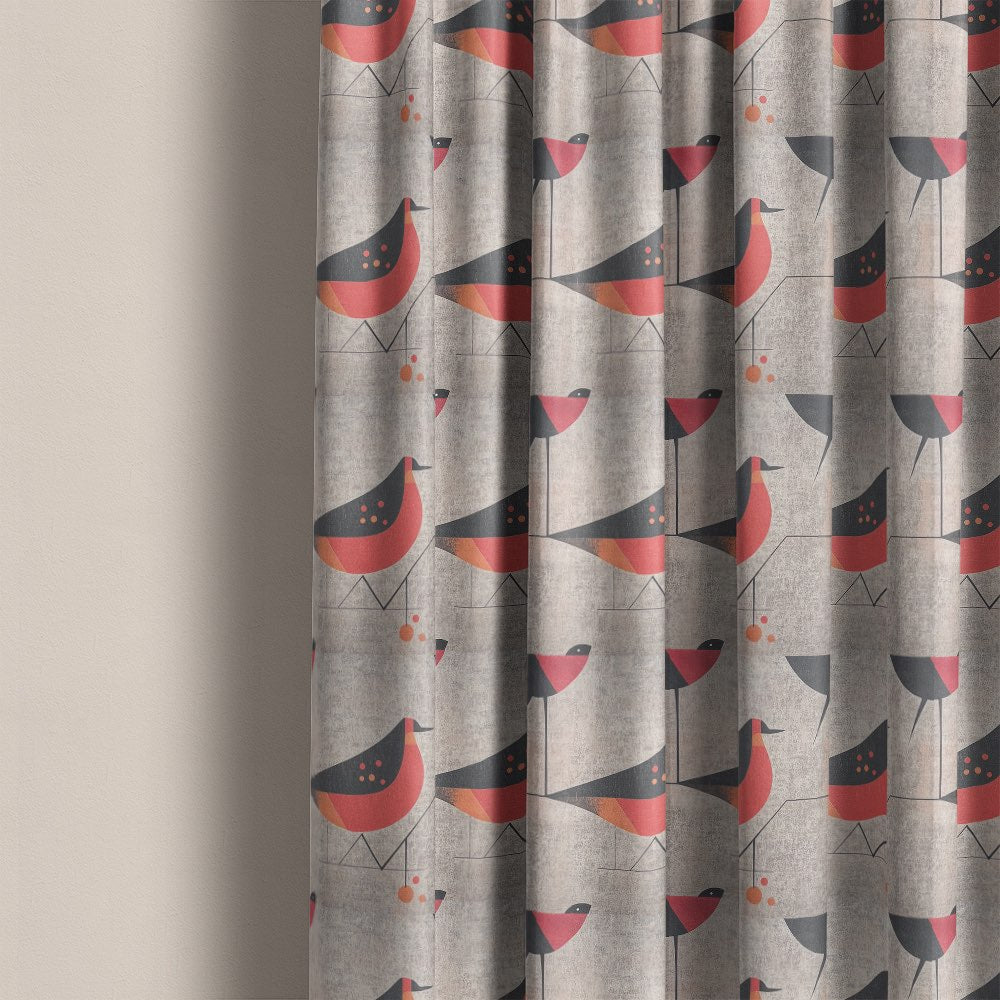 Bird curtain fabric used for modern patterned curtains with stylised bird motifs on neutral linen fabric