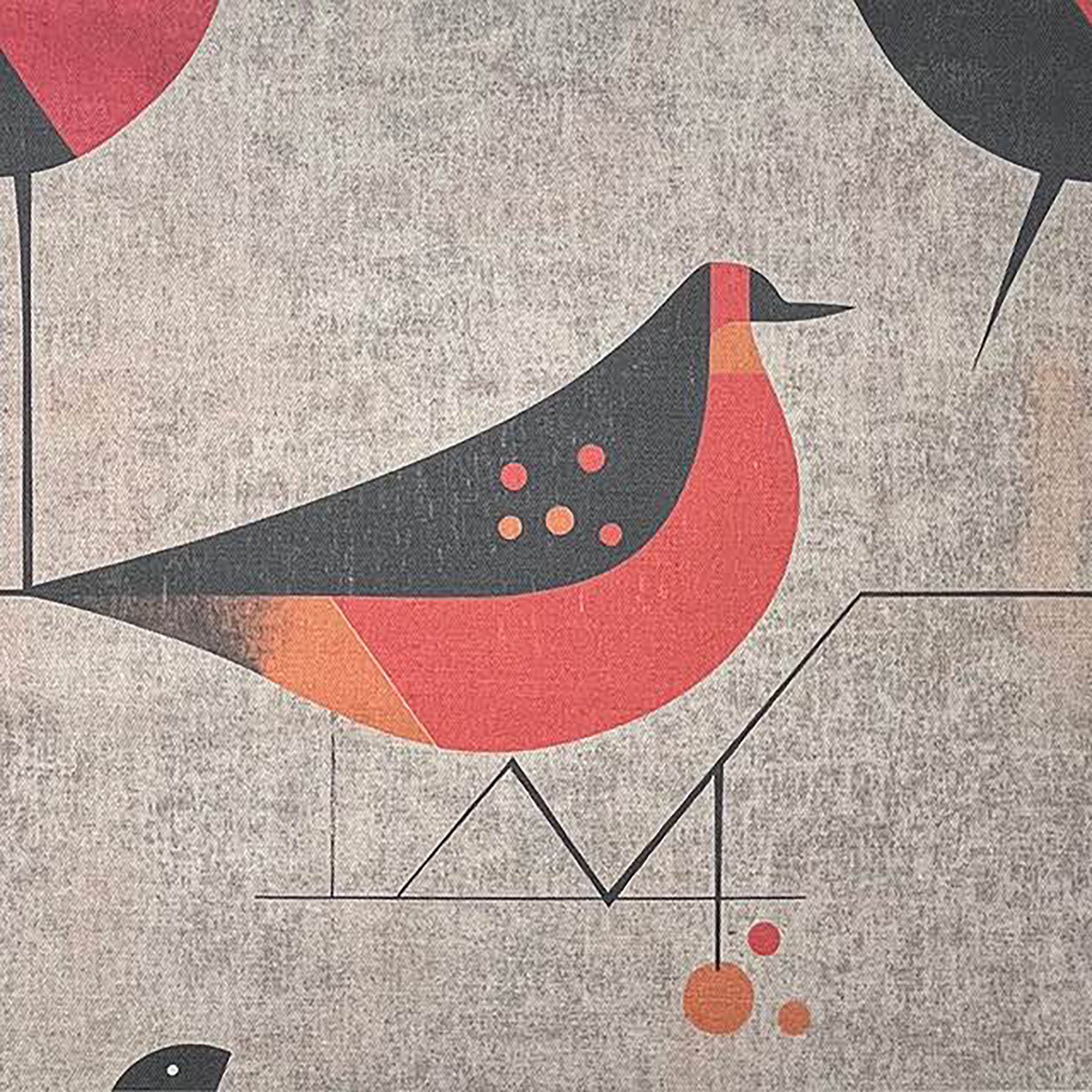 Bird curtain fabric featuring coral and charcoal birds printed on textured grey linen style fabric