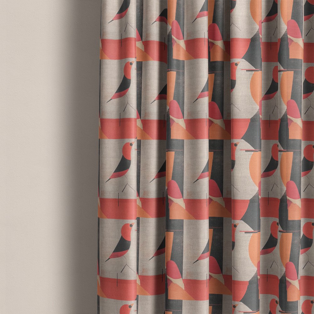 Bird curtain fabric used for patterned curtains with stylised red birds and abstract geometric design