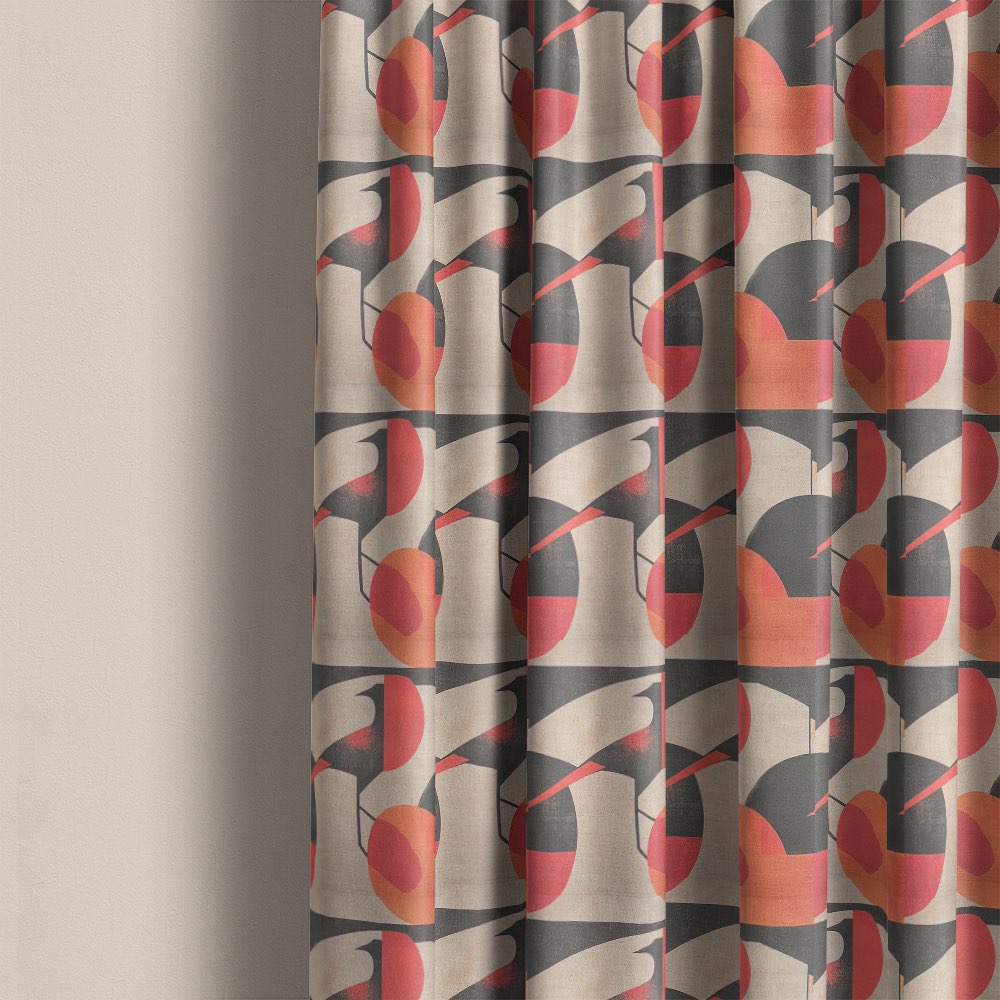 Bird curtain fabric used for patterned curtains with bold red bird motifs and modern graphic design