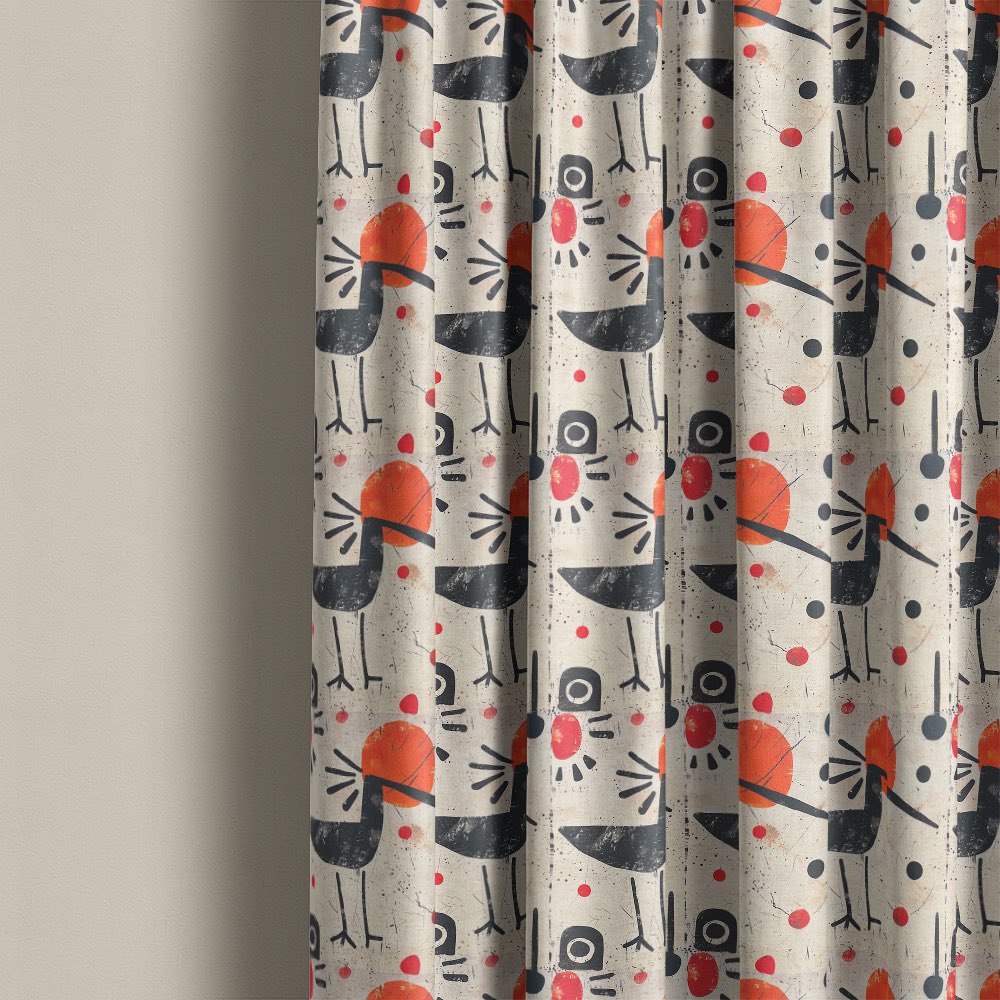 Bird curtain fabric used for patterned curtains featuring abstract bird design on natural linen style fabric