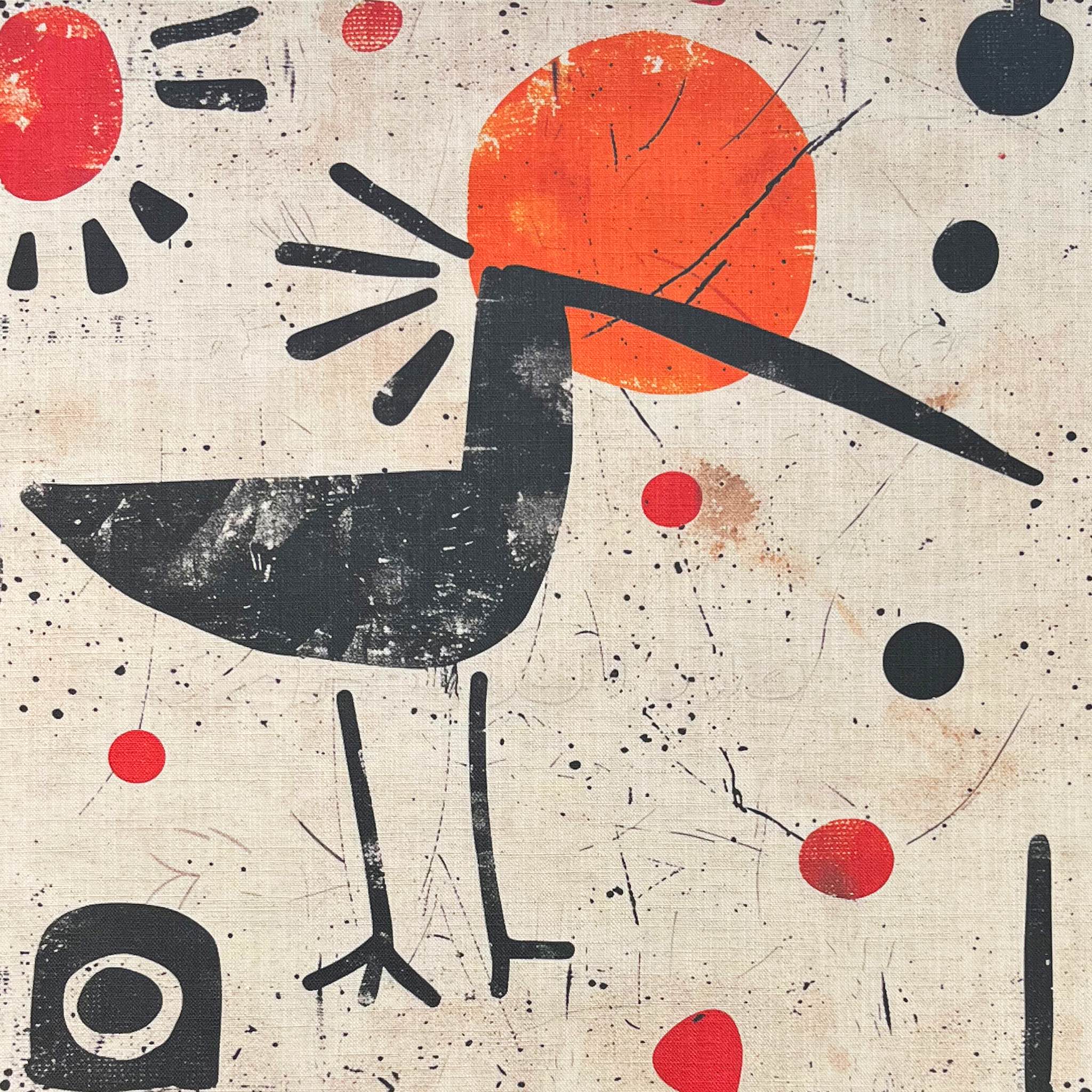 Bird curtain fabric with stylised black bird motif and red abstract shapes on natural linen background