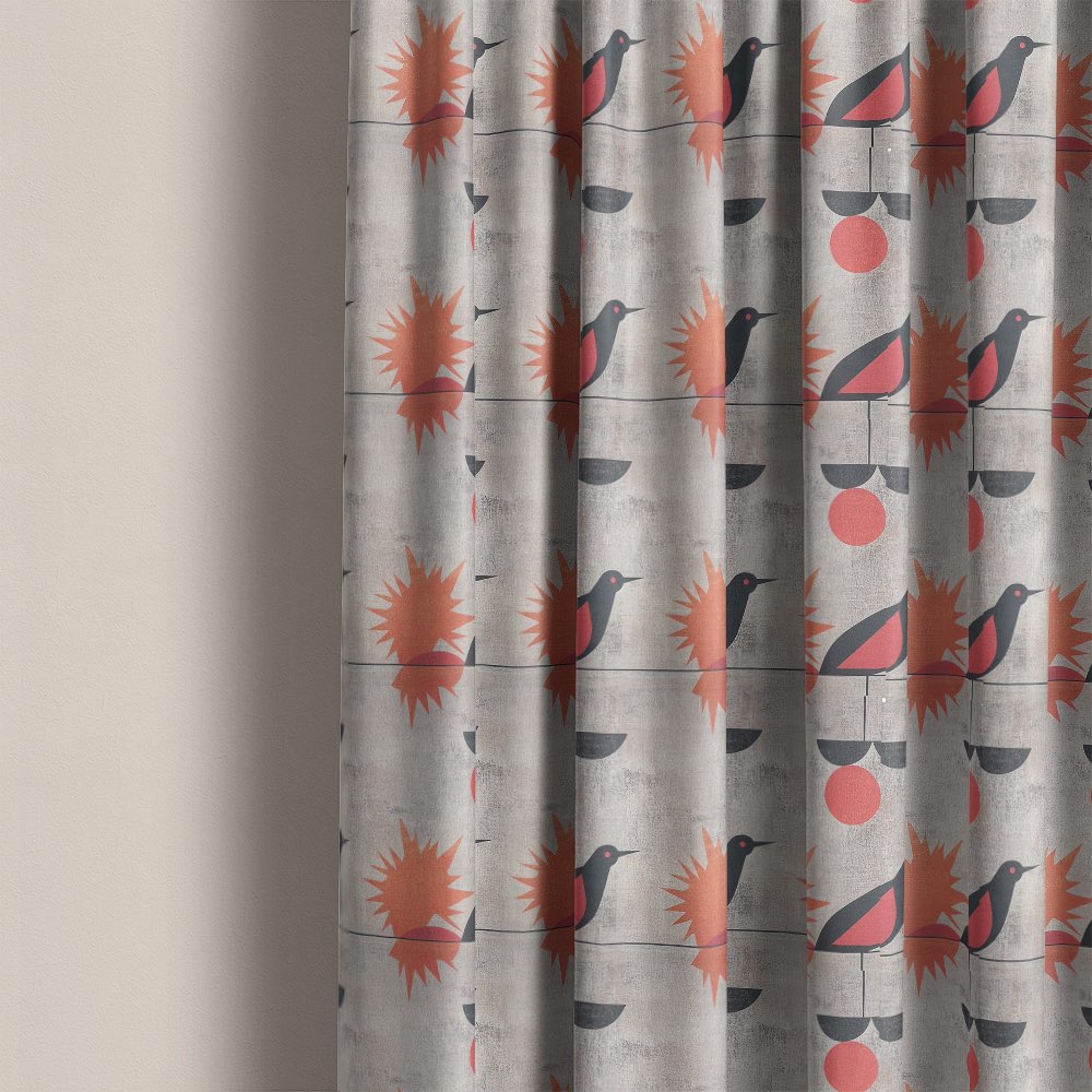 Bird curtain fabric used for patterned curtains featuring stylised birds and abstract starburst design