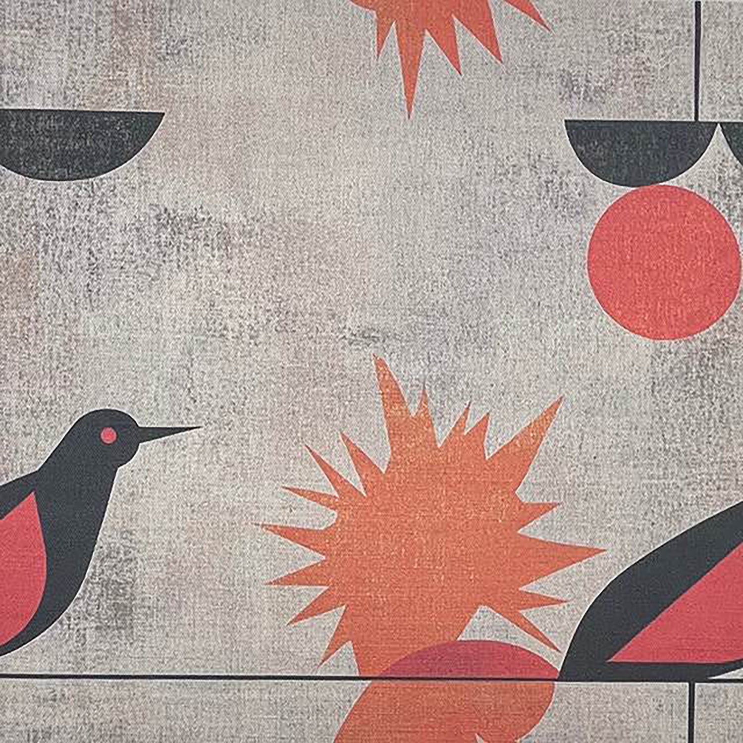 Bird curtain fabric with coral bird motifs and graphic sunburst shapes printed on textured linen fabric