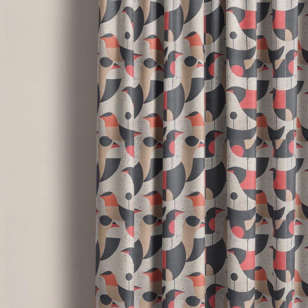 Bird curtain fabric used for patterned curtains featuring abstract bird motifs and geometric shapes