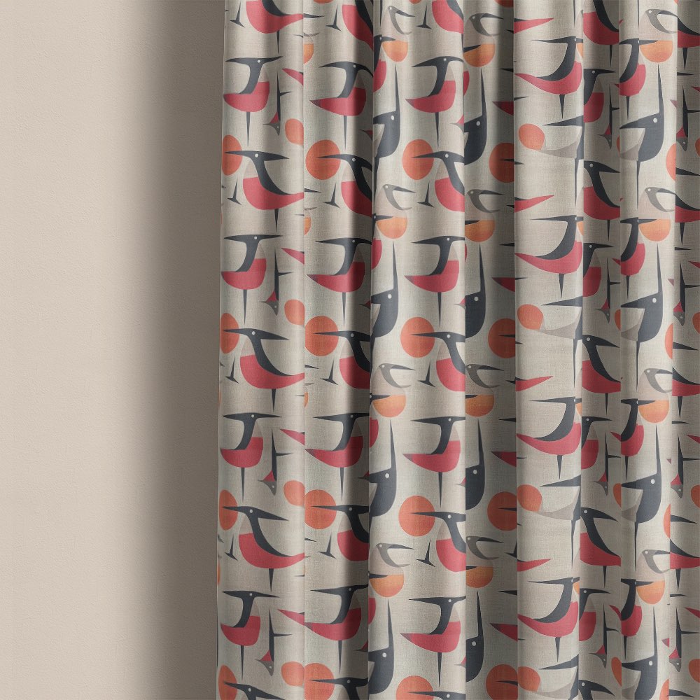 Bird curtain fabric used for patterned curtains featuring graphic bird motifs and modern abstract design