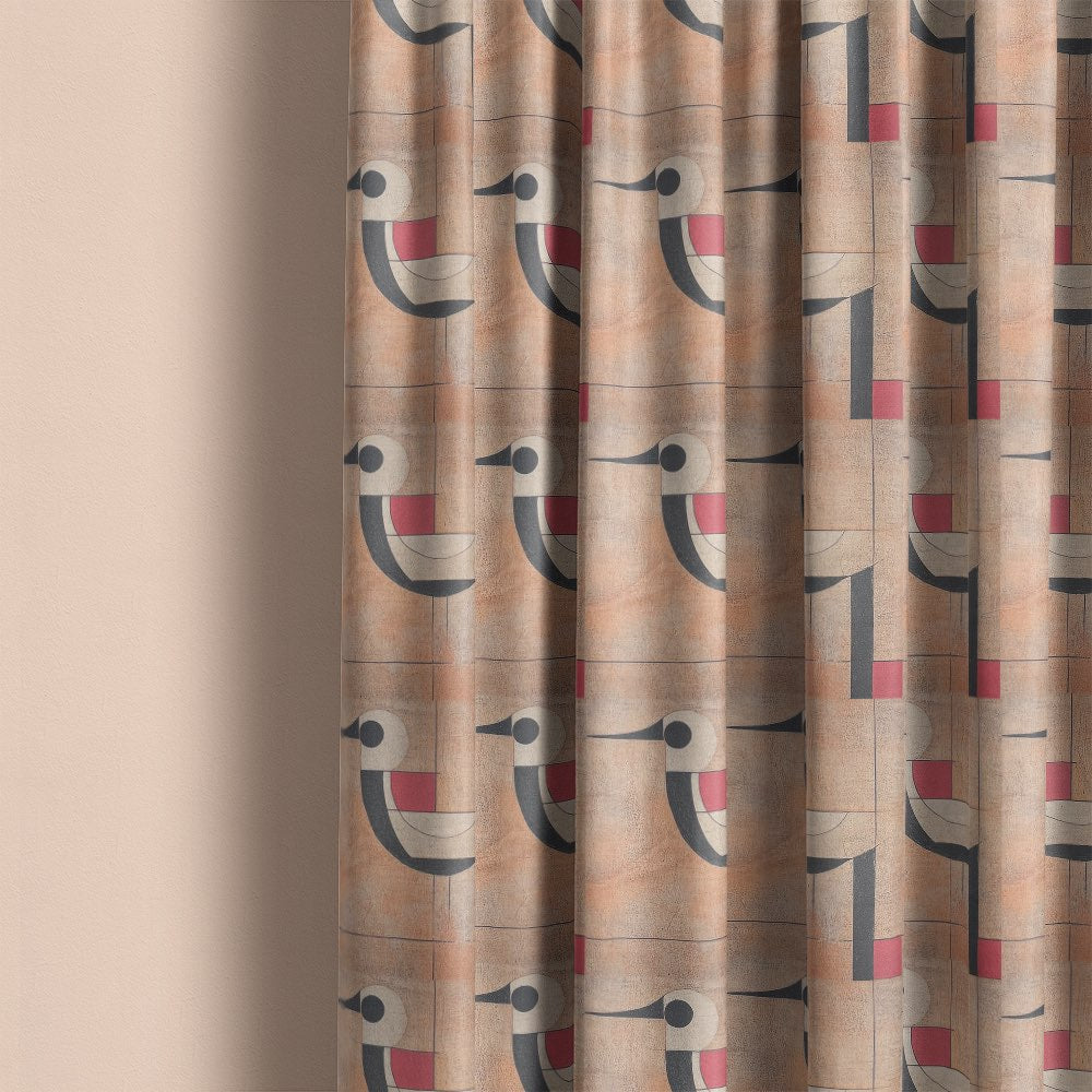 Bird curtain fabric used for patterned curtains featuring modern bird motifs and geometric design