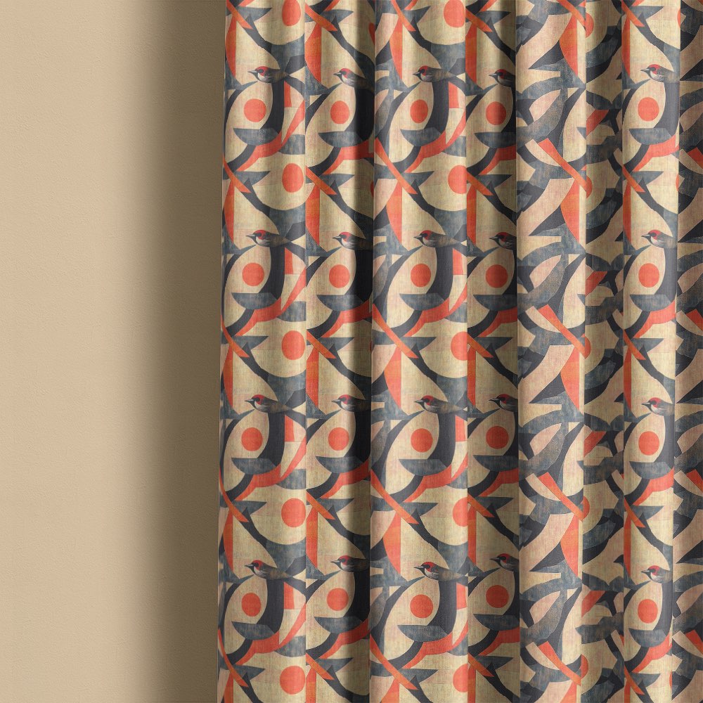 Bird curtain fabric used for curtains with layered abstract bird pattern and warm orange geometric detailing