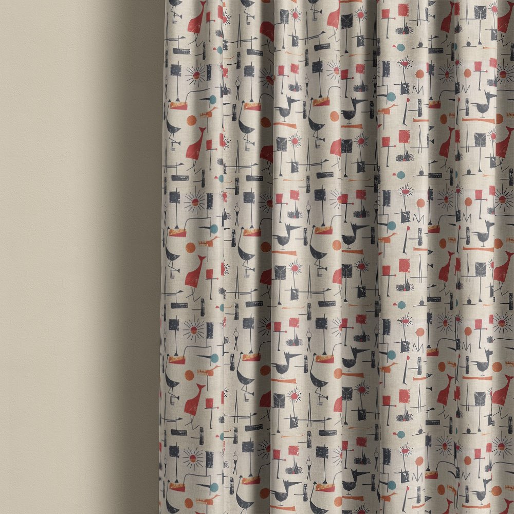 Bird curtain fabric used for patterned curtains featuring stylised birds and geometric shapes on natural linen background