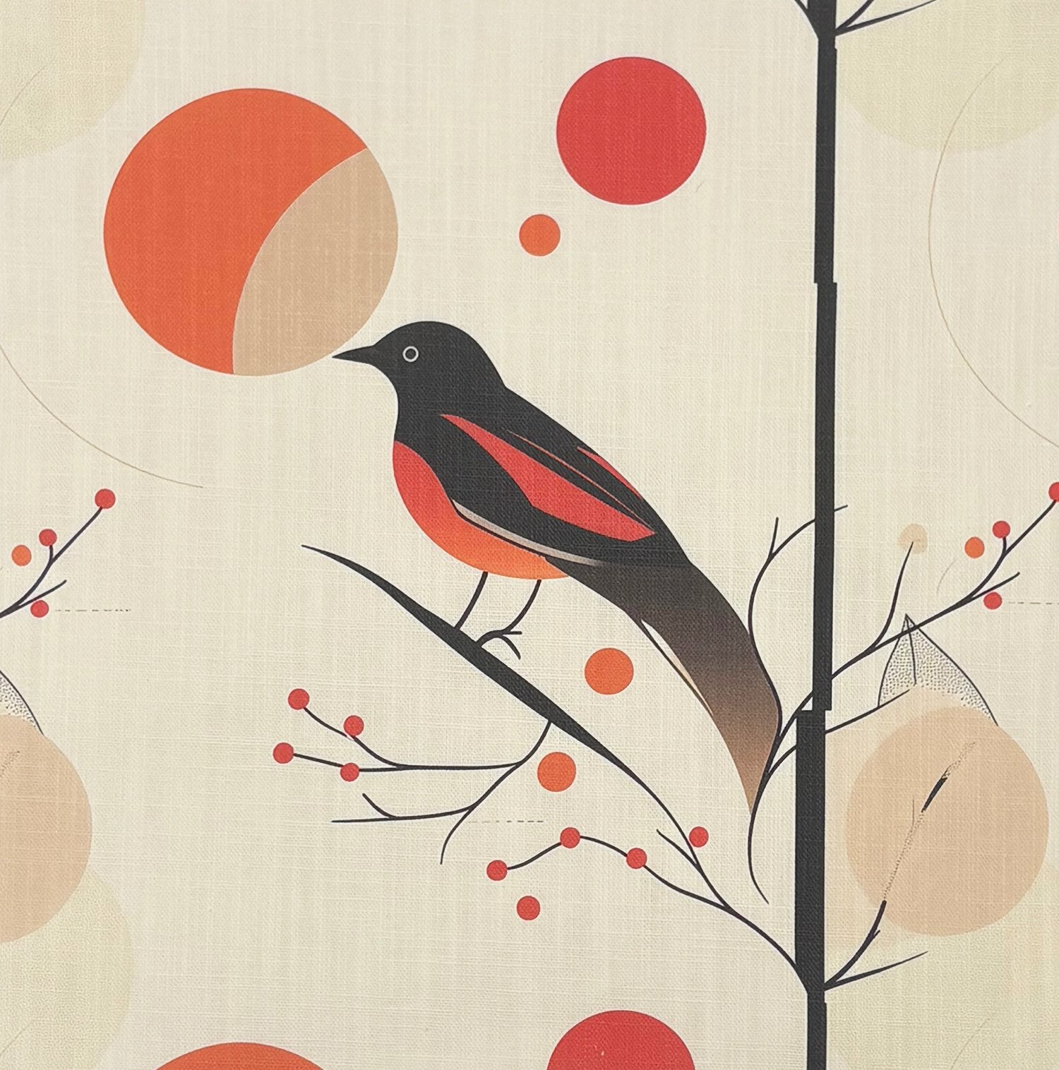 Bird curtain fabric with perched bird on branches and red circular accents printed on textured linen basecloth