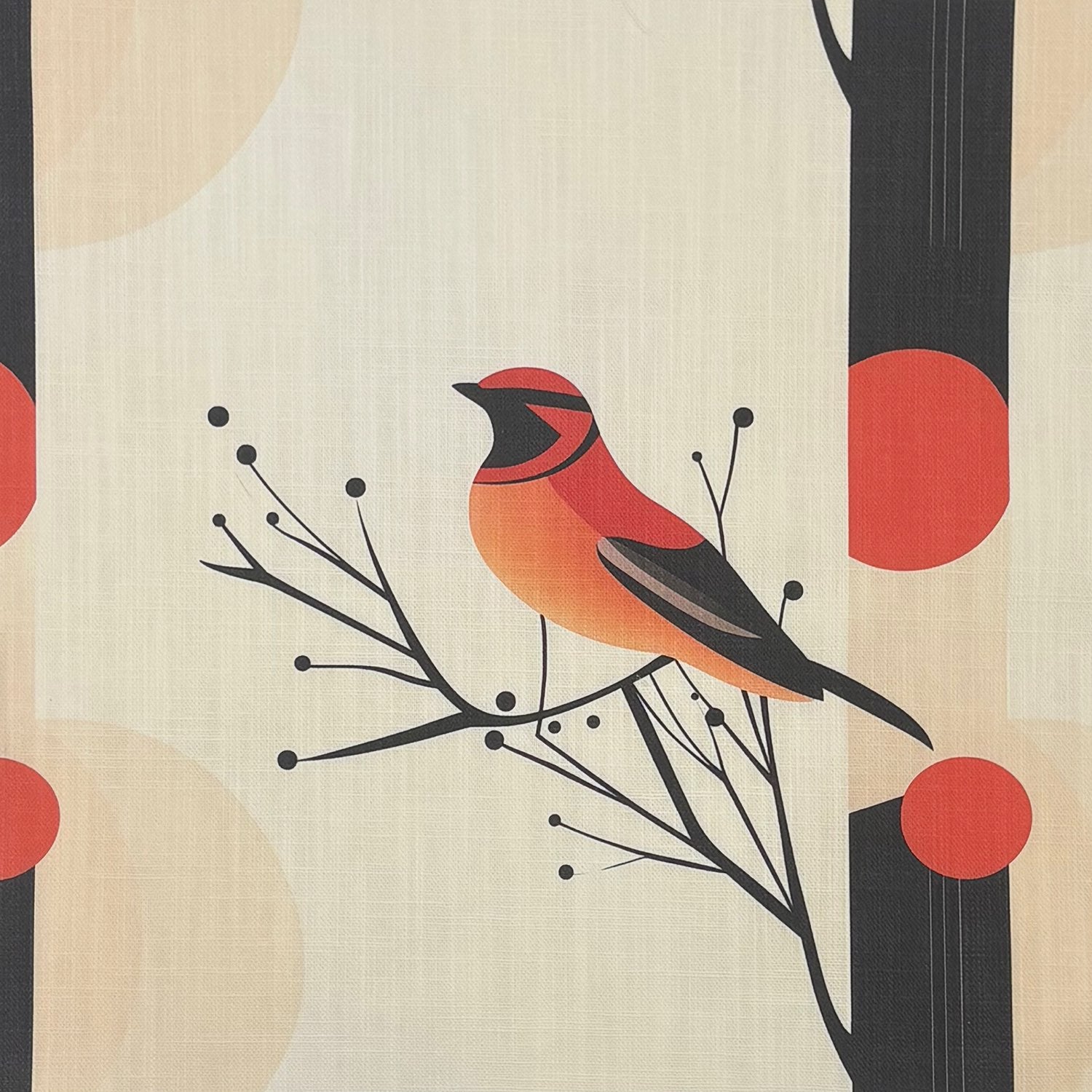 Bird curtain fabric with perched bird on branches and soft orange tones printed on textured linen basecloth