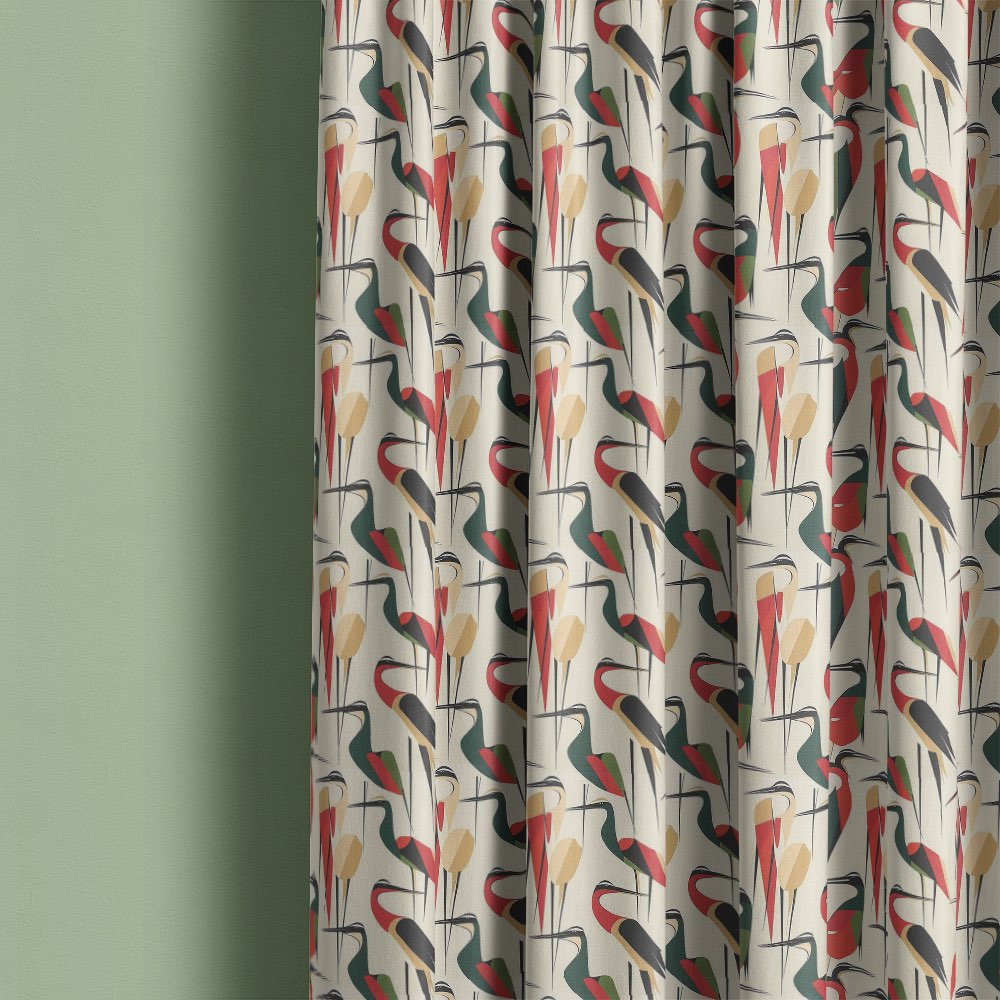Bird curtain fabric used for curtains featuring bold elongated bird pattern in multicoloured geometric design