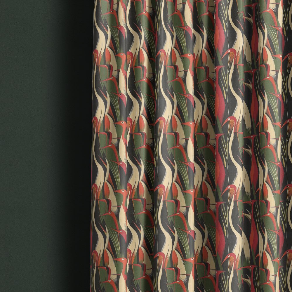 Bird curtain fabric used for curtains featuring layered bird pattern with black background and red green accents