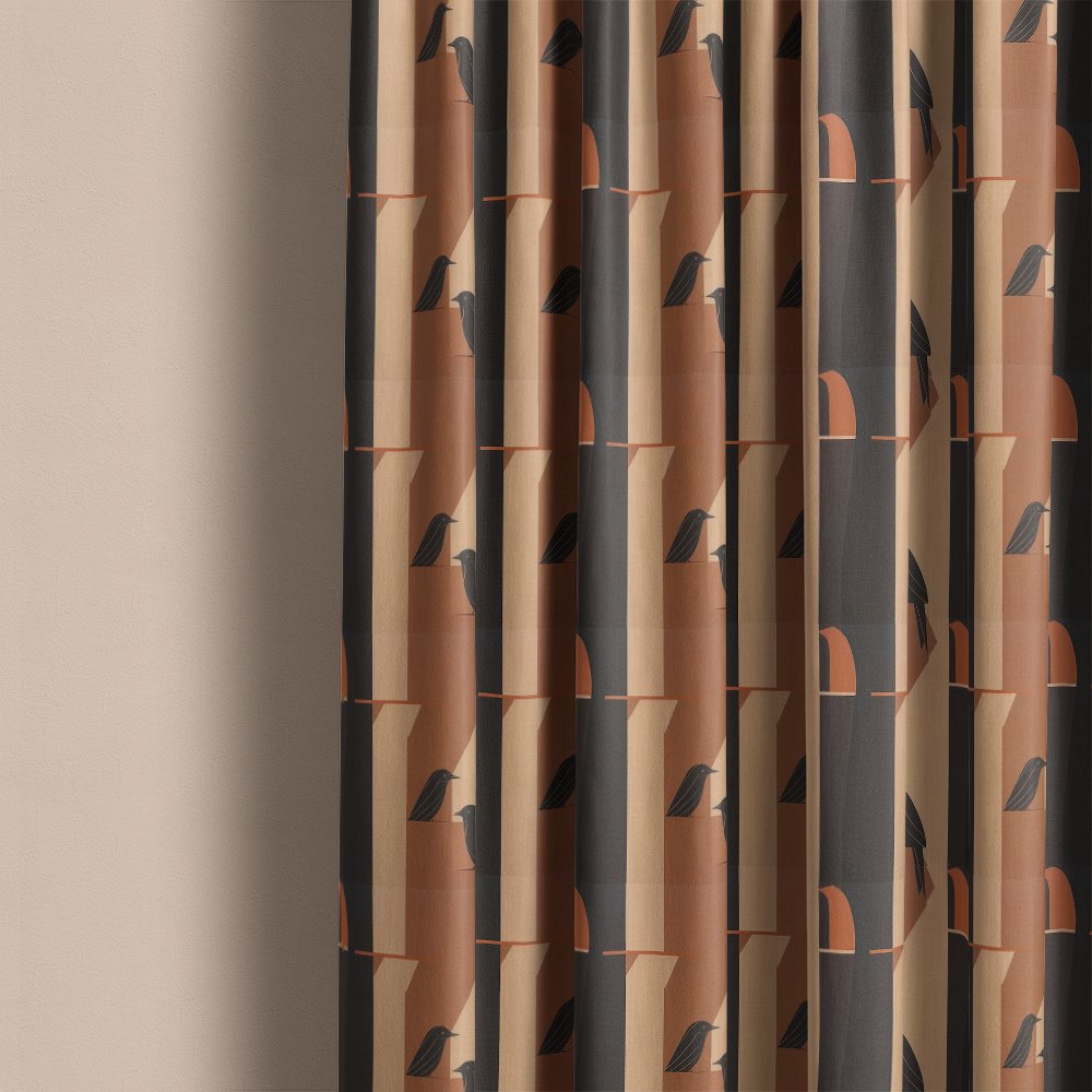 Bird curtain fabric used for curtains featuring warm brown geometric design with subtle bird pattern on linen
