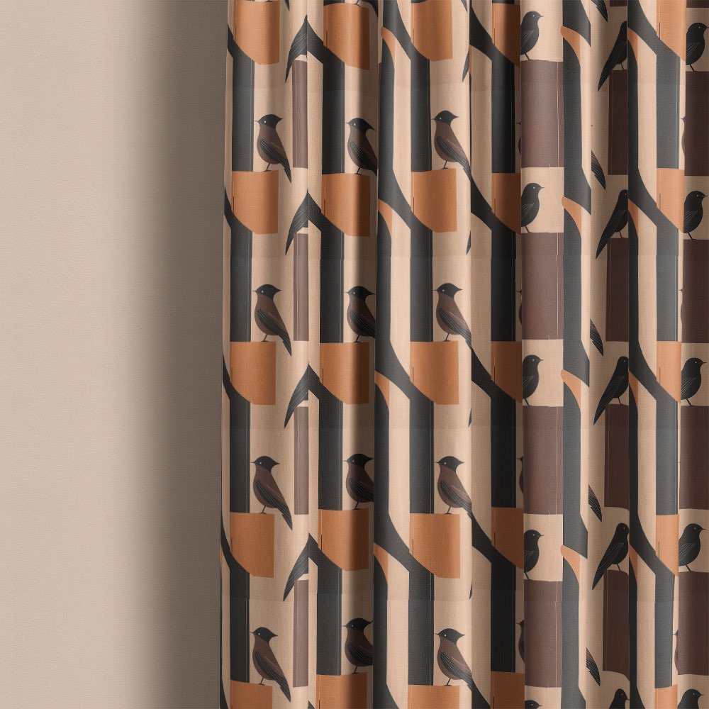 Bird curtain fabric used for curtains featuring warm brown geometric design with subtle bird pattern on linen fabric
