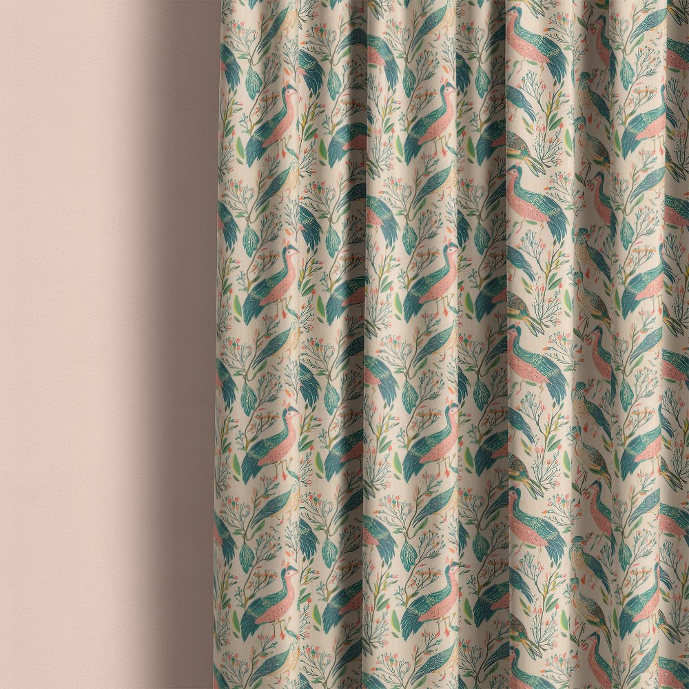 Bird curtain fabric used for curtains featuring pink and teal birds with botanical pattern on soft linen fabric