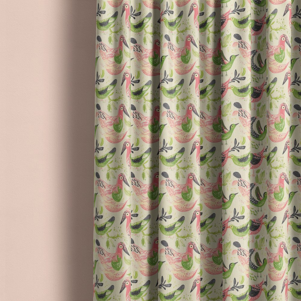 Bird curtain fabric used for curtains featuring green and pink birds with scattered leaf design on linen fabric