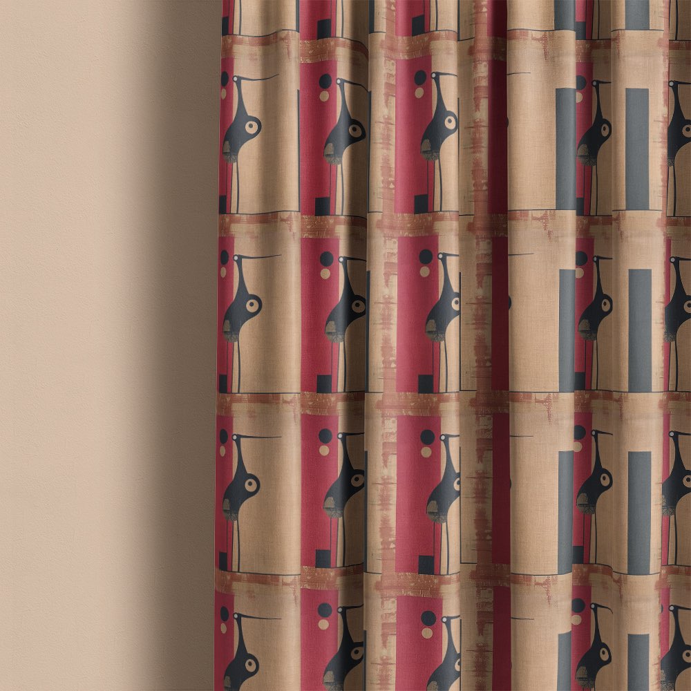 Bird curtain fabric used for patterned curtains featuring stylised bird design with red geometric panels on natural linen fabric