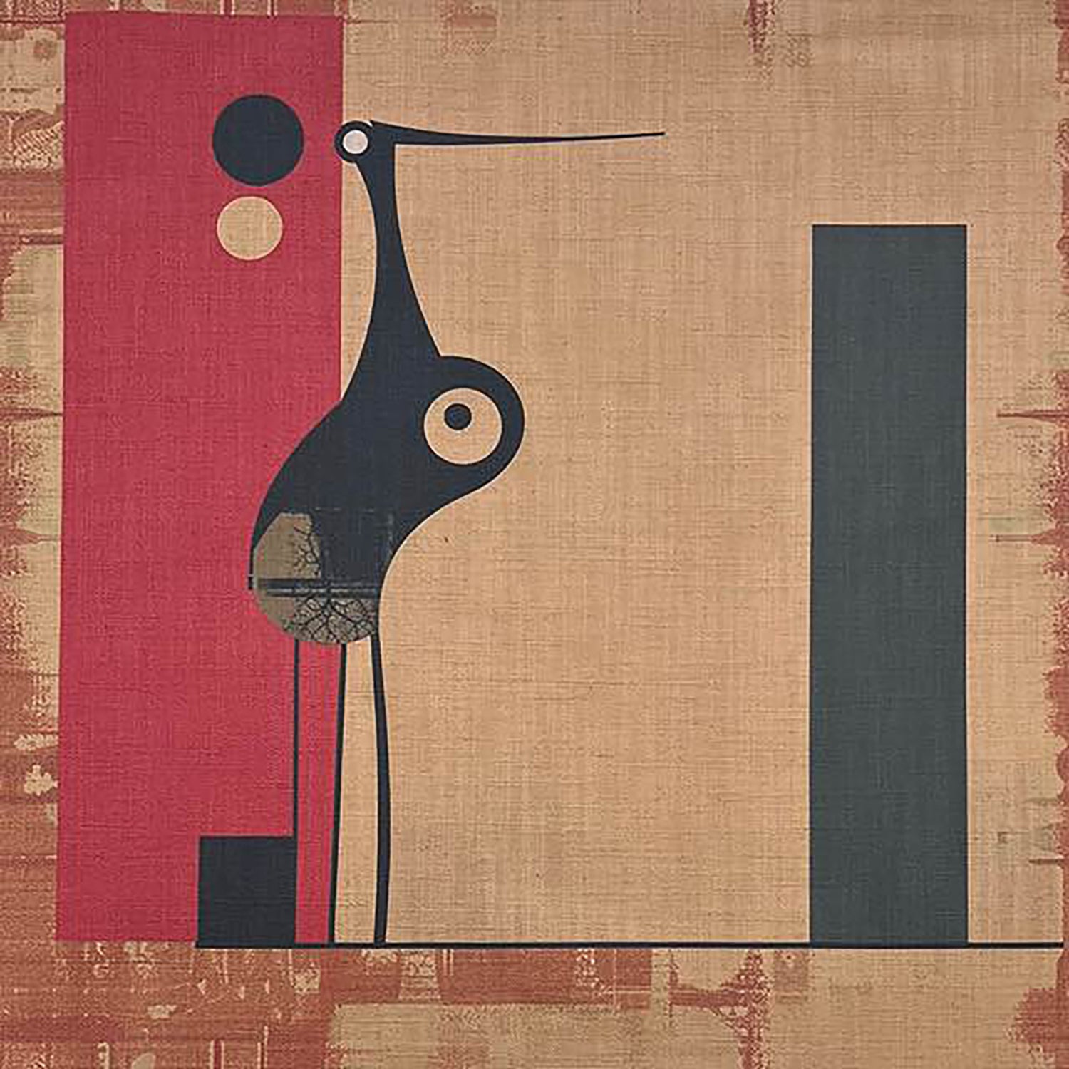 Bird curtain fabric with mid century style bird illustration and red geometric blocks on natural linen style fabric