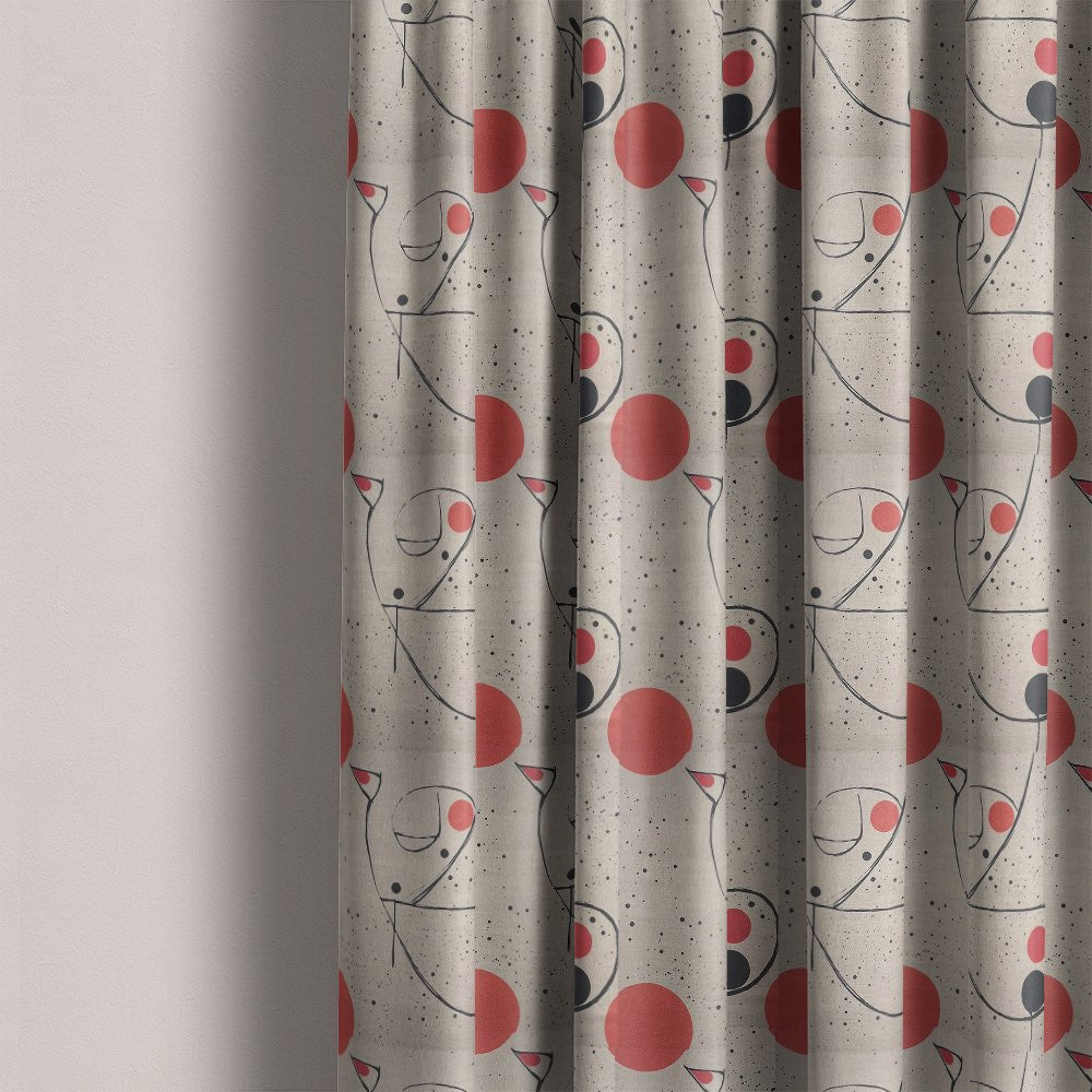 Bird curtain fabric used for curtains featuring abstract bird illustration with red circular accents on neutral linen fabric
