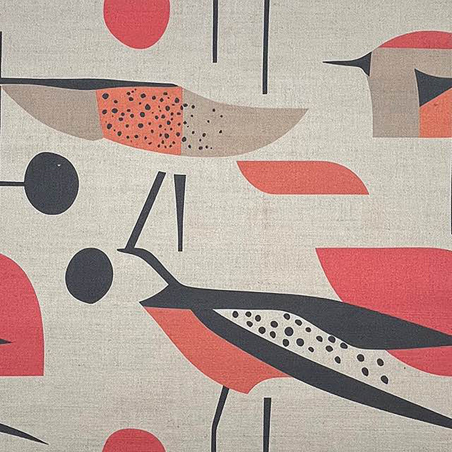 Bird No.12 abstract bird print upholstery fabric in red, beige and black