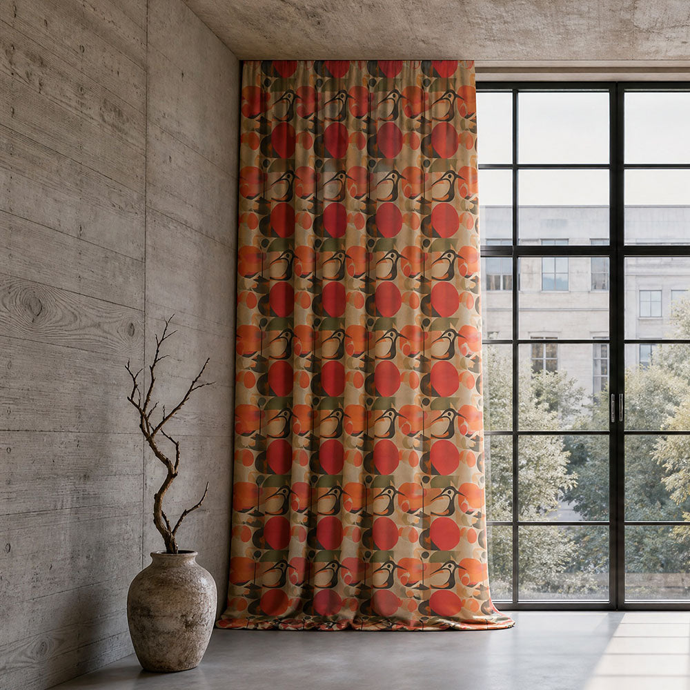 Contemporary bird curtain fabric with stylised bird motifs, bold coral circles and geometric mid-century inspired design displayed as full-length curtains in a modern interior