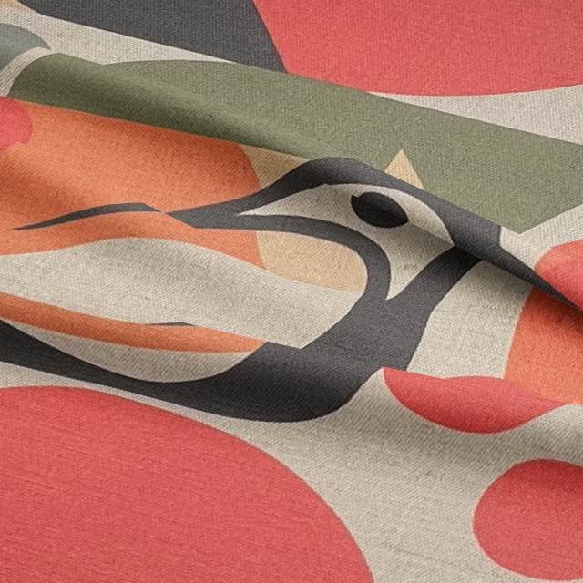 Close-up of Bird No.13 fabric showing stylised birds and geometric forms in mid-century colour palette