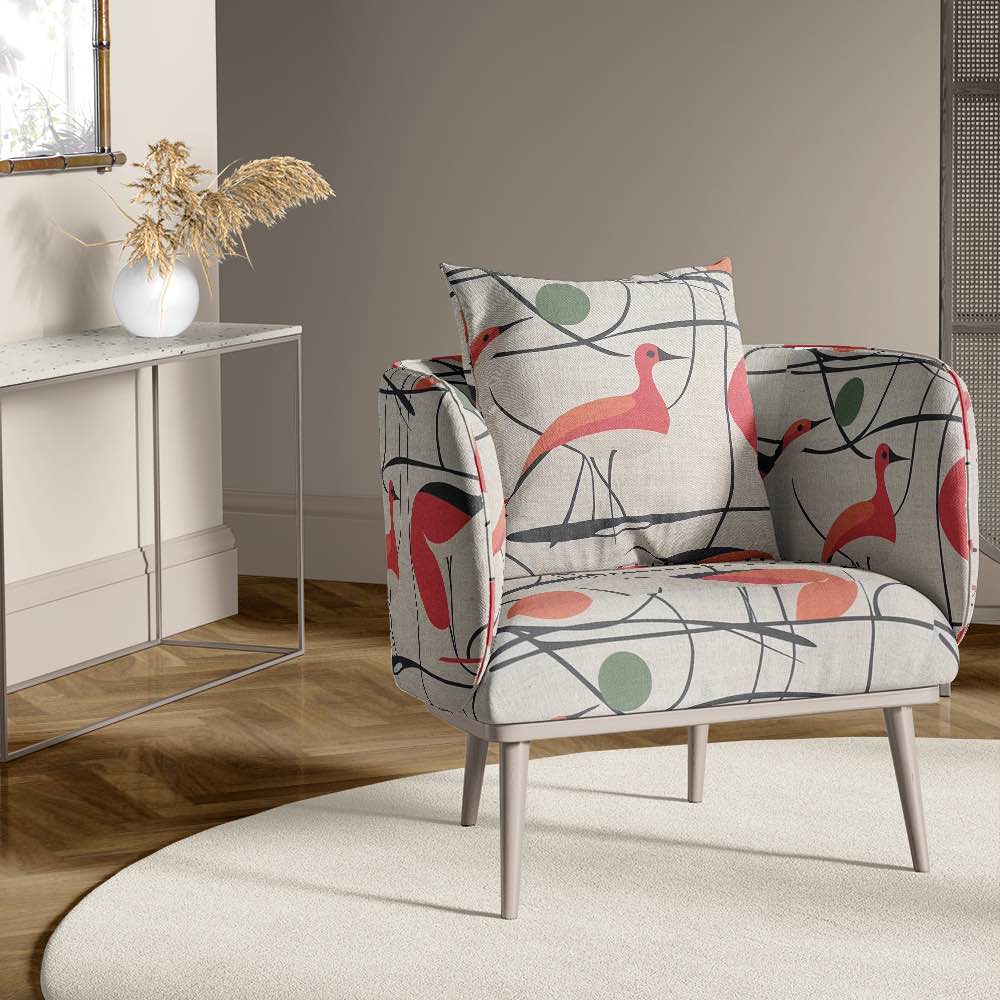 Accent chair upholstered in Bird No.14 fabric featuring abstract avian motif