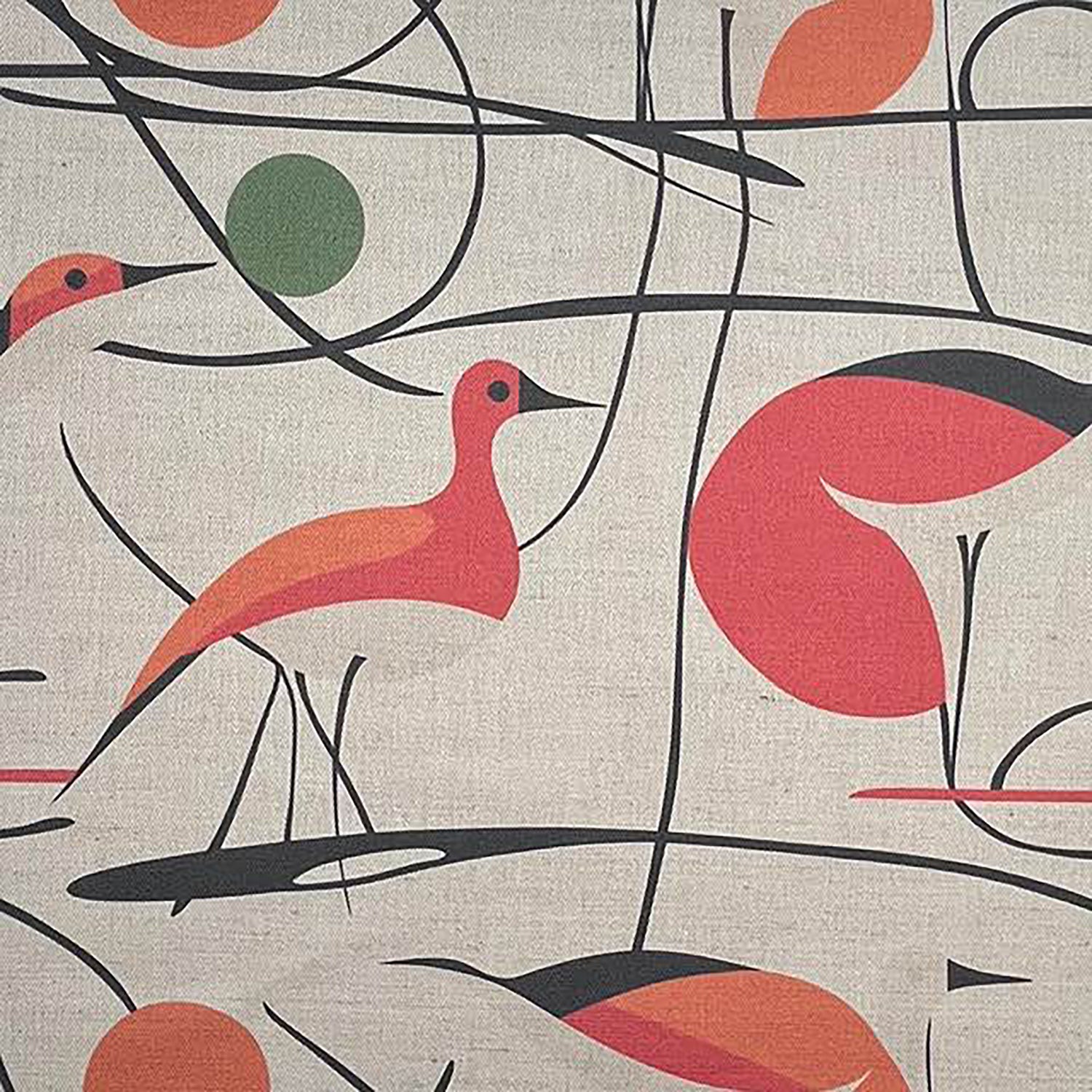 Bird No.14 mid-century coral bird upholstery fabric with black branches