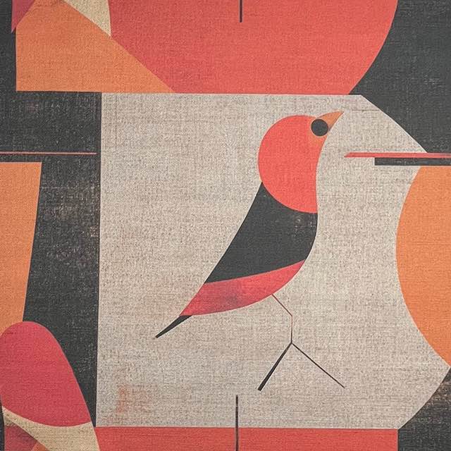 Bird No.17 mid-century style bird upholstery fabric in terracotta and black