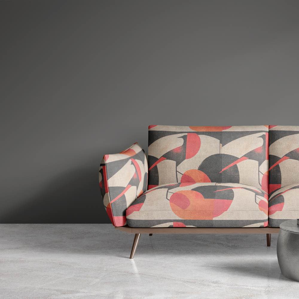 Sofa upholstered in Bird No.18 modern bird pattern upholstery fabric