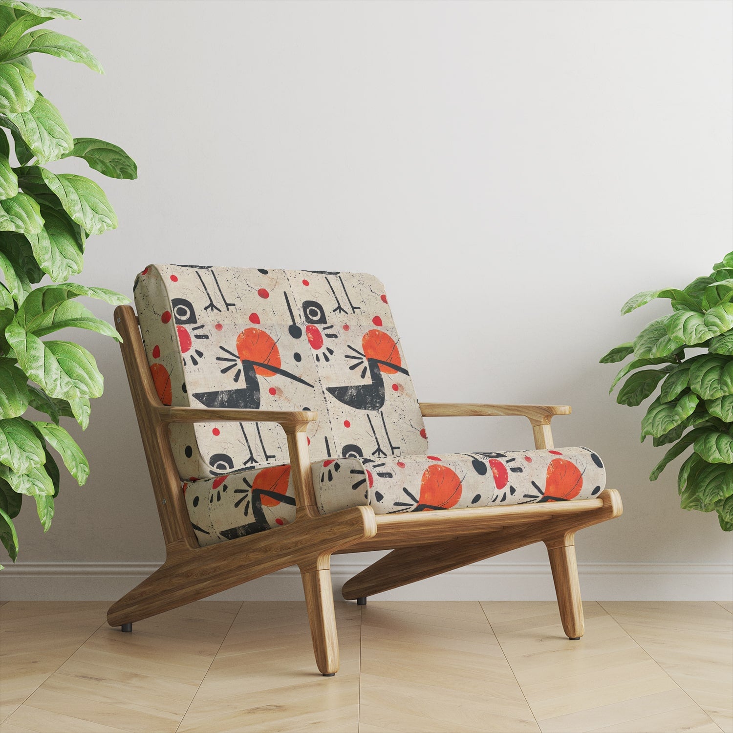 Chair upholstered in Bird No.1 — modern artistic upholstery fabric with abstract avian design