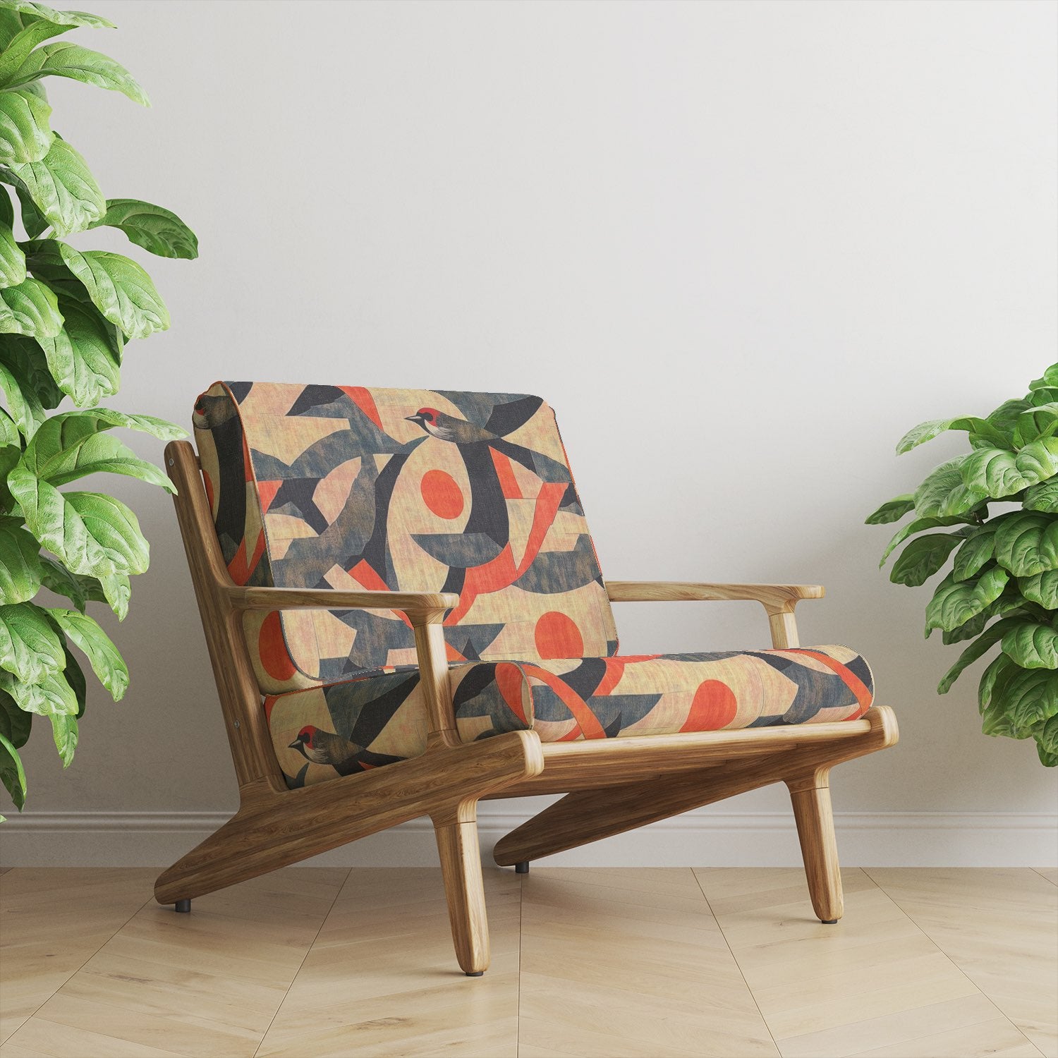 A contemporary wooden chair upholstered in Bird No.28 fabric, showcasing its geometric bird design and rich color contrast.