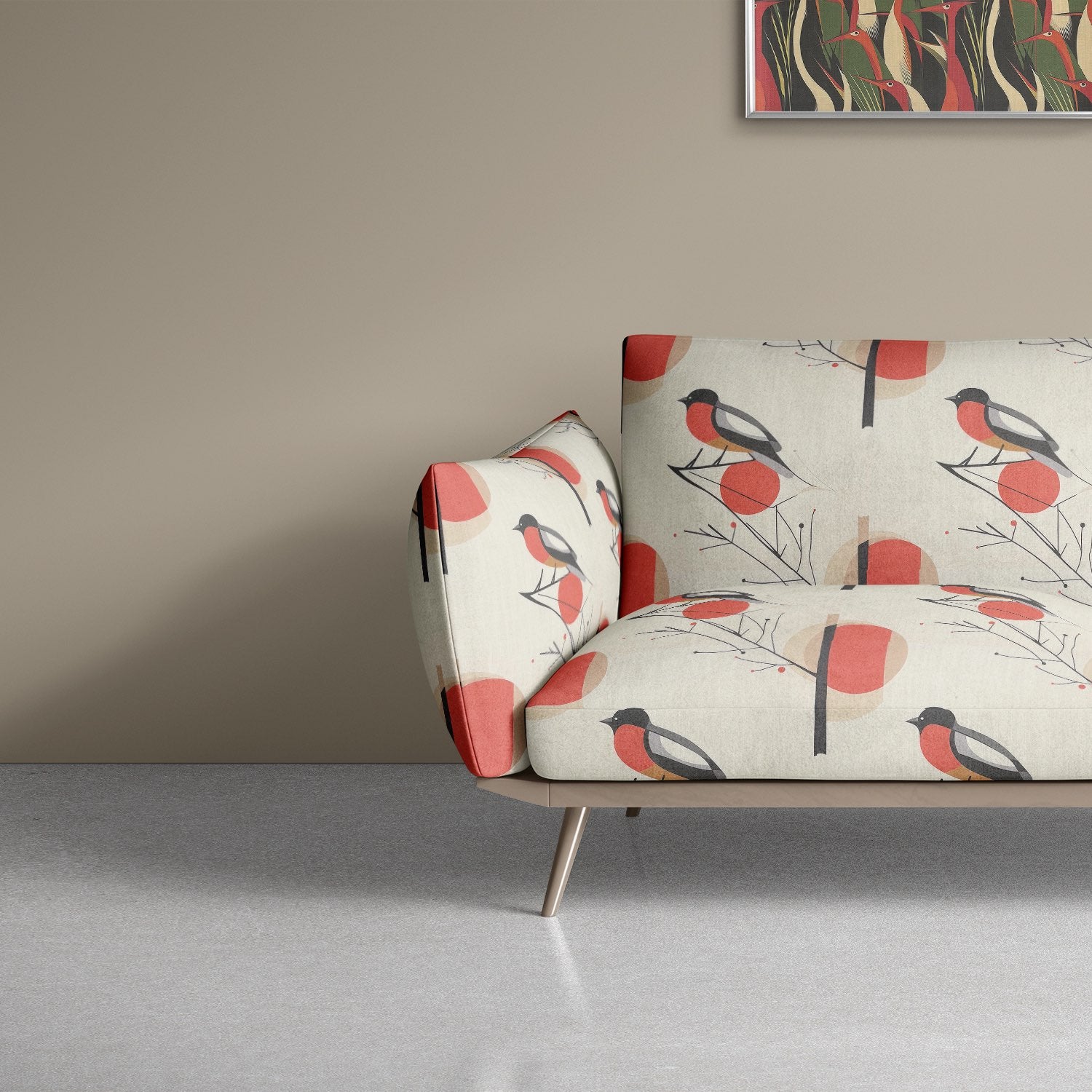 Bird No.29 sofa – retro bird patterned linen blend upholstery fabric in red and beige tones