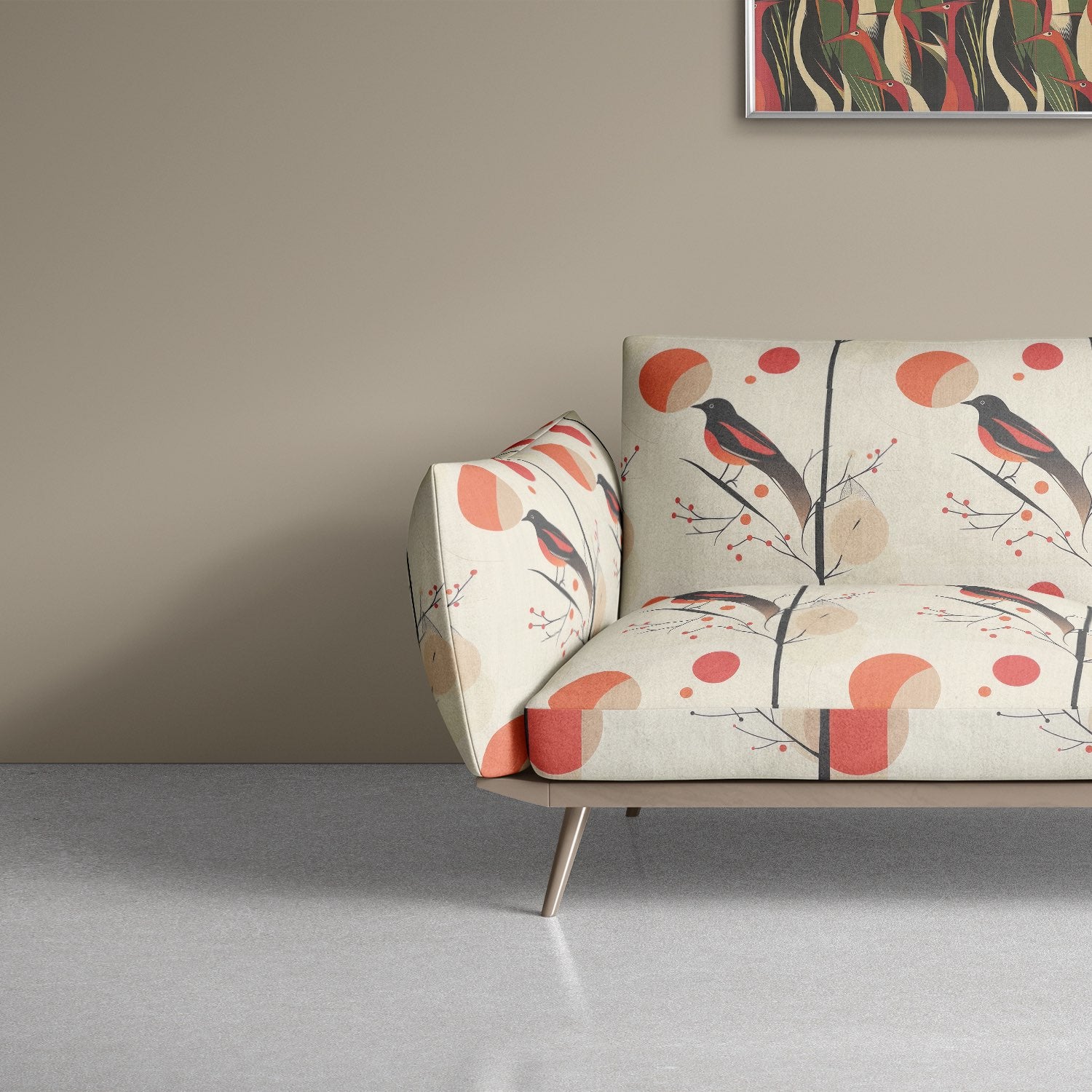 Bird No.30 sofa in burnt orange and black retro bird pattern upholstery fabric