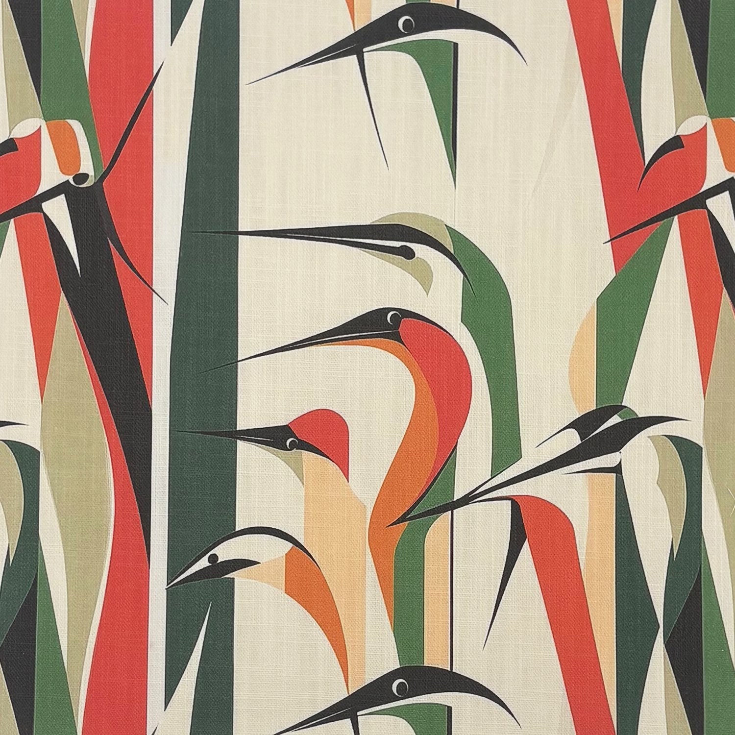 Bird No.34 red, green and ochre modernist bird design upholstery fabric – flat view