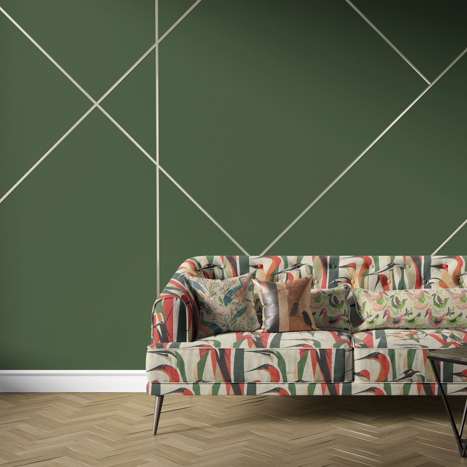 Bird No.34 modernist bird design upholstery fabric in red, green and ochre on sofa – in-situ view