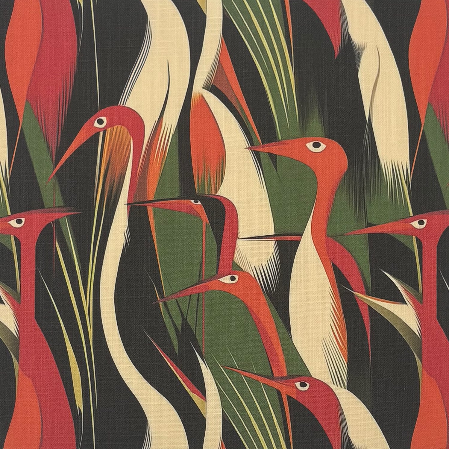 Bird No.35 close-up swatch showing red and cream heron-style bird pattern upholstery fabric