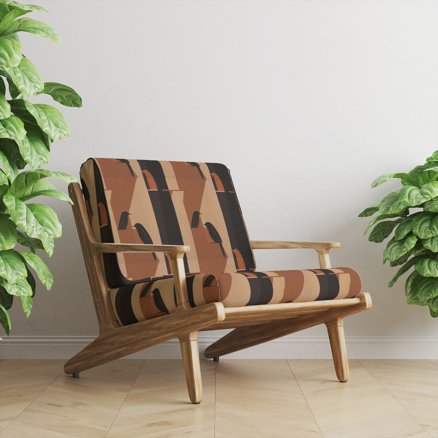 Bird No.36 upholstery fabric on wooden armchair in terracotta, black, and orange modernist bird pattern