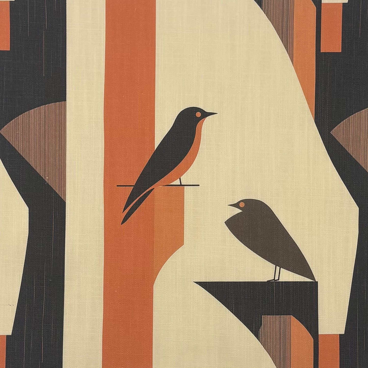 Bird No.38 mid-century style orange and black bird motif upholstery fabric – flat image