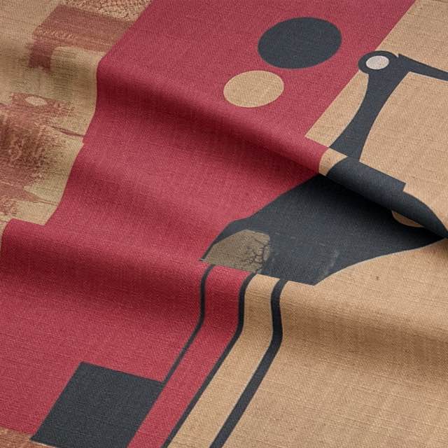 Close-up of Bird No.5 fabric with geometric crane and mid-century colour palette