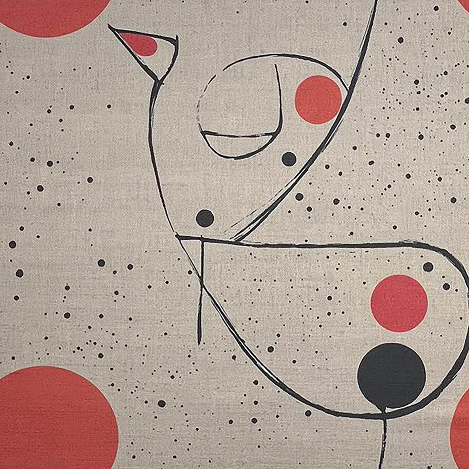 Bird No.6 upholstery fabric with minimalist black line art bird and red dots on a neutral background