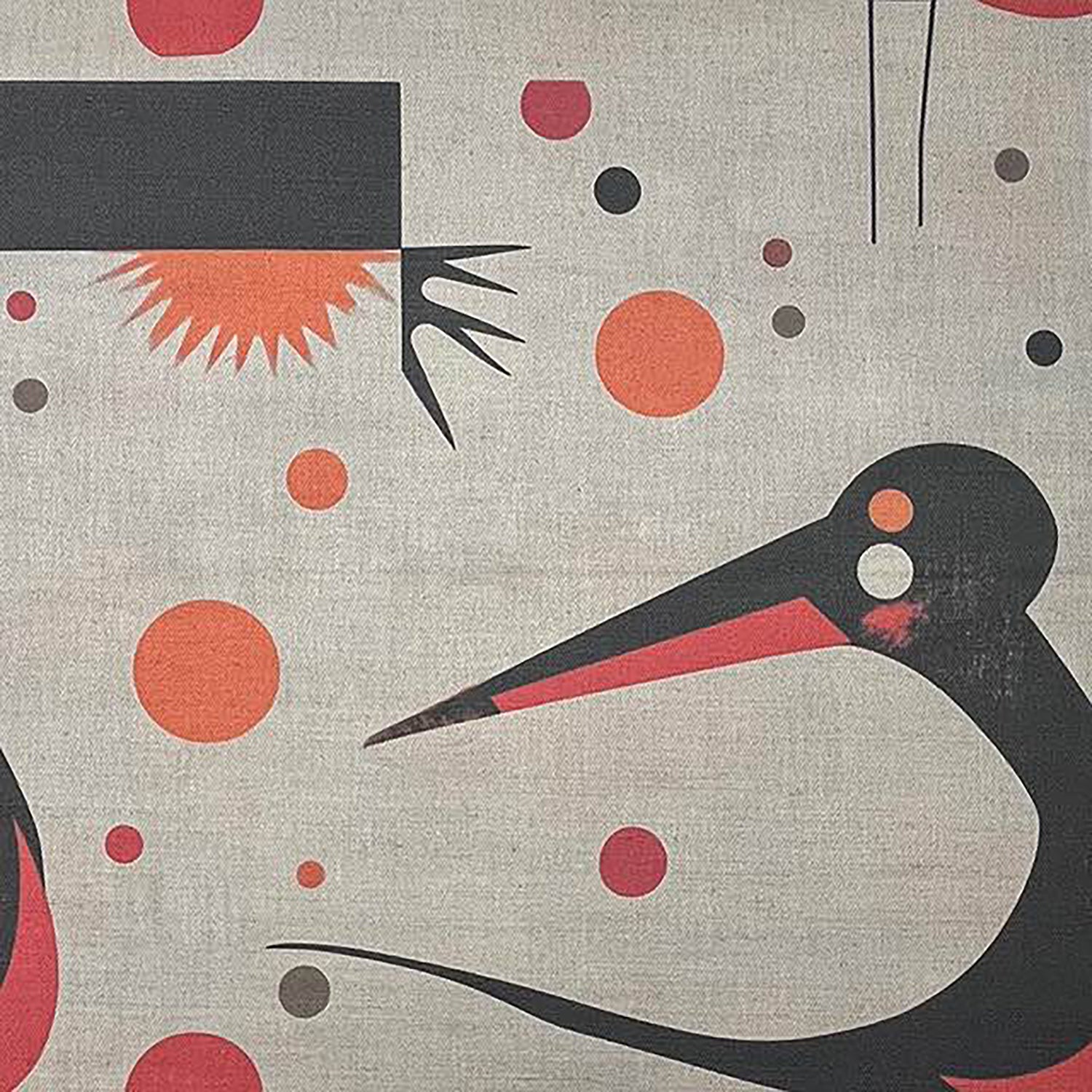 Abstract bird design on Bird No.8 upholstery fabric in black, terracotta, and clay on stone background