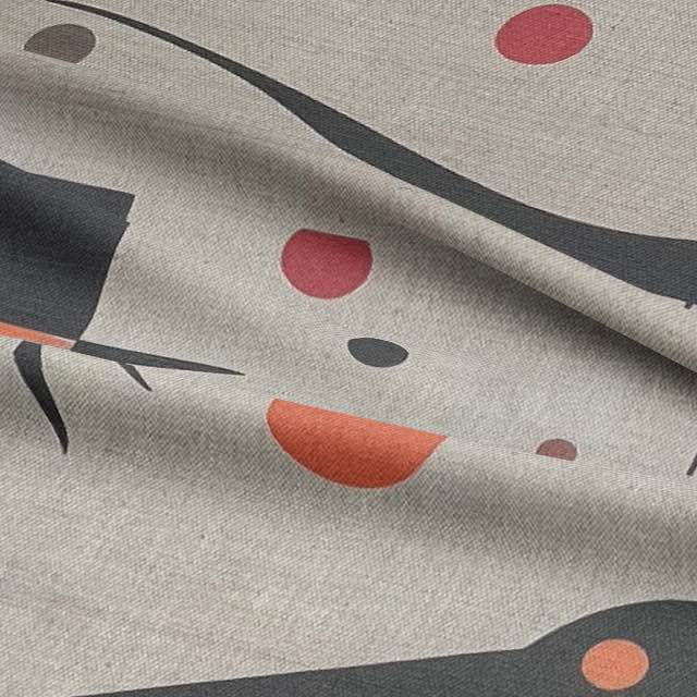 Draped Bird No.8 fabric showcasing abstract sunburst and dot detailing in red and orange